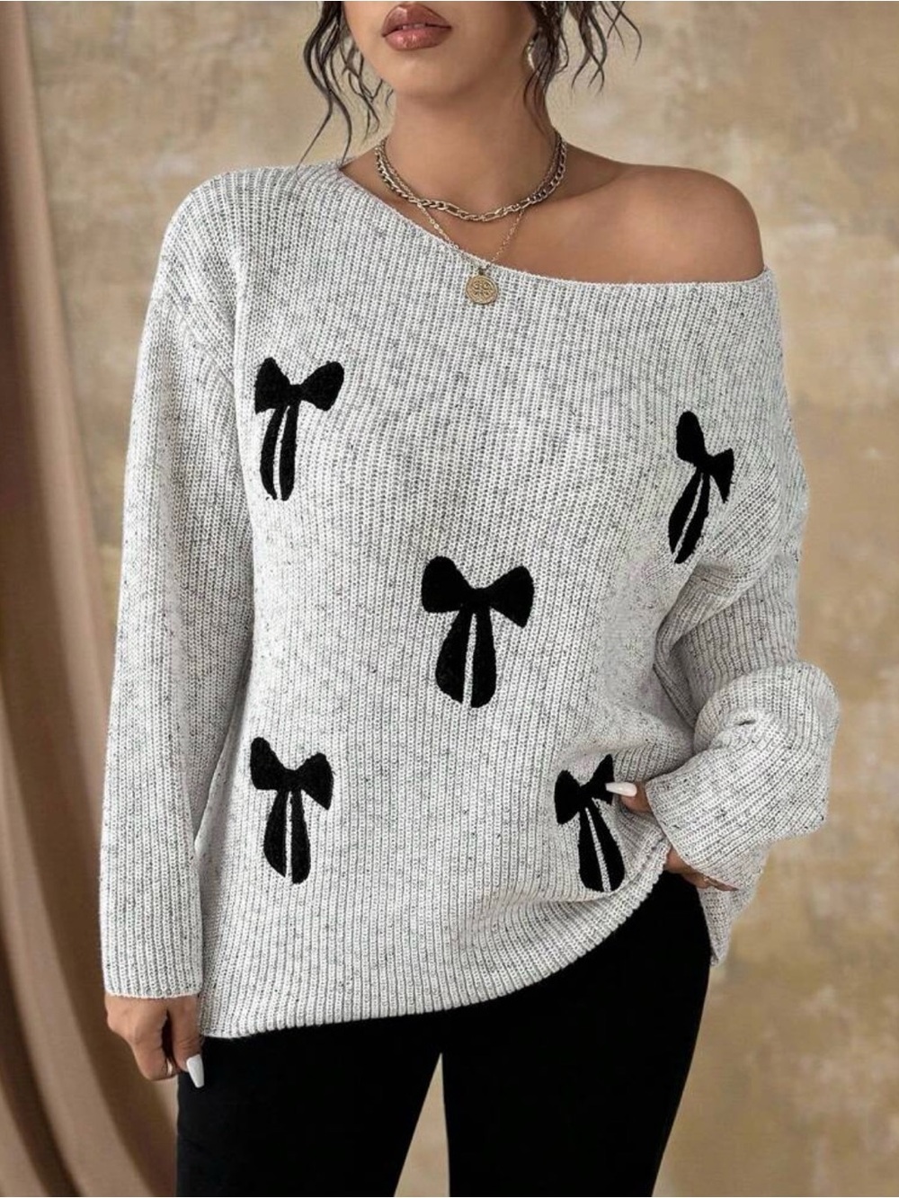 SHEIN Light Gray Off-Shoulder Sweater with Black Bow Accents